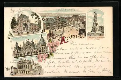 Vorläufer-Lithographie Anvers, 1895, Palais de Justice, Grande Place de l`Escault, Banque Nationale