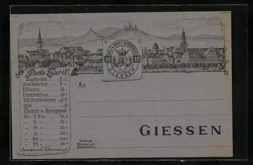 Lithographie Giessen, Stadtansicht, Private Stadtpost Brief & Packet-Beförderung, 10 Pfennig