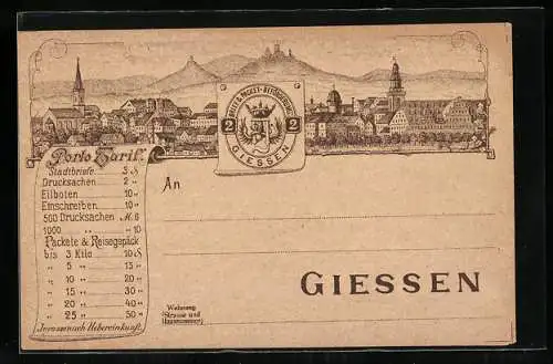 Lithographie Giessen, Stadtansicht, Private Stadtpost Brief & Packet-Beförderung, 2 Pfennig