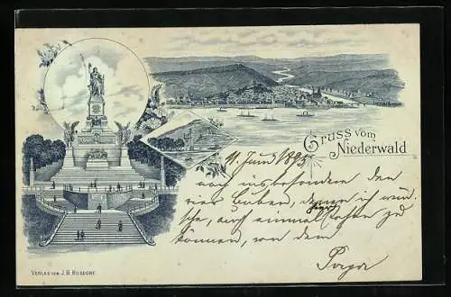 Vorläufer-Lithographie Bingen am Rhein, 1895, Niederwalddenkmal, Blick auf die Stadt, Mäuseturm