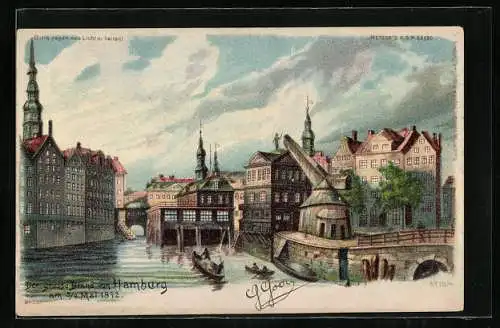 Lithographie Hamburg, Grosser Brand 5.-8. Mai 1842, Rathaus mit Börse und Kran, Halt gegen das Licht: Feuersbrunst