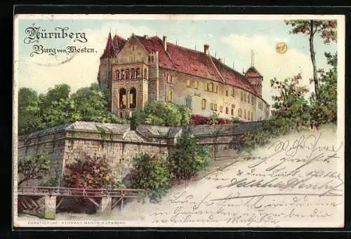 Lithographie Nürnberg, Burg von Westen, Halt gegen das Licht: beleuchtete Fenster