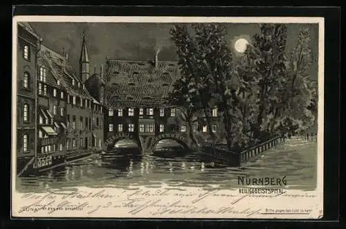 Lithographie Nürnberg, Blick auf das Heiliggeistspital, Halt gegen das Licht: beleuchtete Fenster