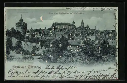 Mondschein-AK Nürnberg, Blick vom Hallerthor auf die Stadt bei Nacht, Halt gegen das Licht: beleuchtete Fenster