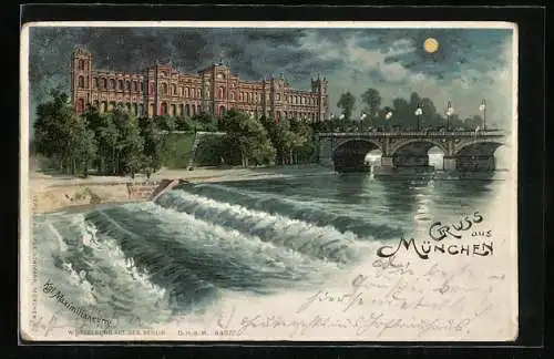 Lithographie München, Maximilianeum und Maximiliansbrücke, Halt gegen das Licht: beleuchtete Fenster