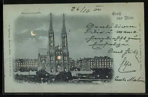Mondschein-AK Wien, Maximiliansplatz mit Kirche, Halt gegen das Licht: beleuchtete Fenster