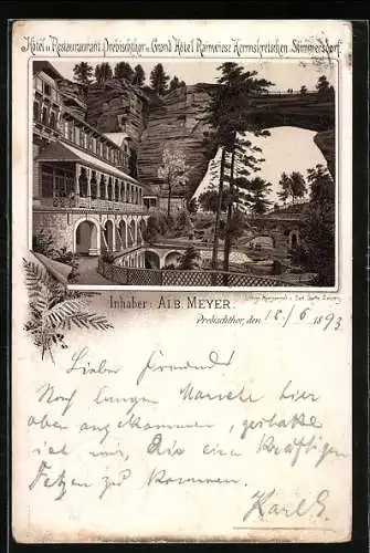 Vorläufer-Lithographie Herrnskretschen-Stimmersdorf, 1893, Hotel & Restaurant Prebischthor und Grand Hotel Rainwiese
