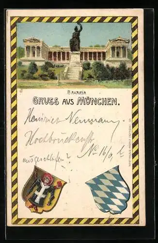 Lithographie München, Bavaria und Ruhmeshalle, Wappen, Private Stadtpost Courier