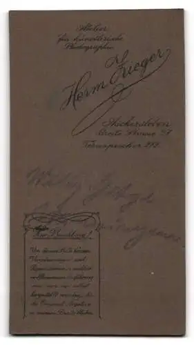 Fotografie Hermann Zieger, Aschersleben, Breite Str. 27, Der junge Willy Hetge im edlen Anzug mit einer Fliege