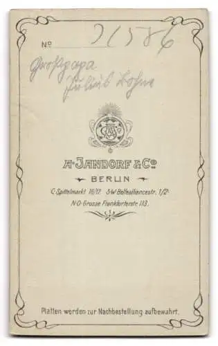 Fotografie A. Jandorf & Co., Berlin, Spittelmarkt 16 /17, Grosspapa Julius Bohne im Anzug mit Krawatte und einem Kneifer
