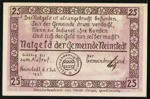 Notgeld Neinstedt a. H. 1921, 25 Pfennig, Am Bodewehr