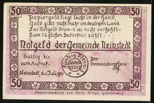 Notgeld Neinstedt a. H. 1921, 50 Pfennig, Teilansicht der Neinstedter Anstalten