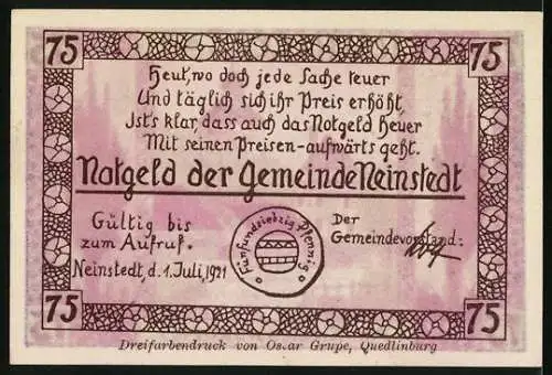 Notgeld Neinstedt a. H. 1921, 75 Pfennig, Am Kichenbrunnen, Baum