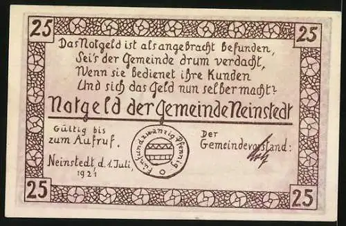 Notgeld Neinstedt a. H. 1921, 25 Pfennig, Am Bodewehr