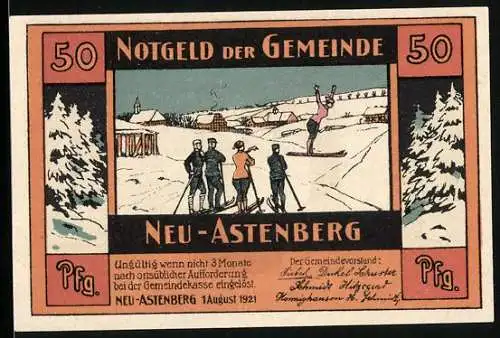 Notgeld Neu-Astenberg 1921, 50 Pfennig, Skispringerin am Hang