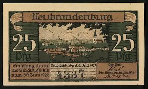 Notgeld Neubrandenburg 1921, 25 Pfennig, Kirche mit Mauer