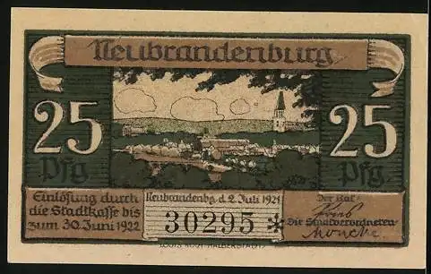 Notgeld Neubrandenburg 1921, 25 Pfennig, Blick auf den See