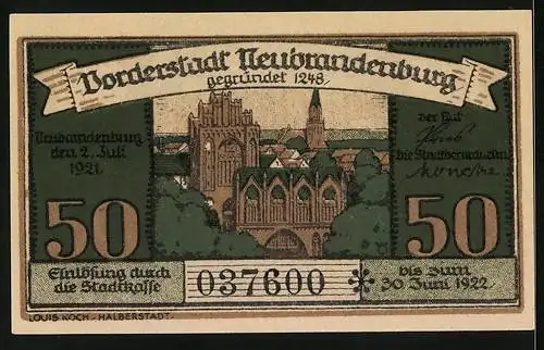 Notgeld Neubrandenburg 1921, 50 Pfennig, Tor und Wappen