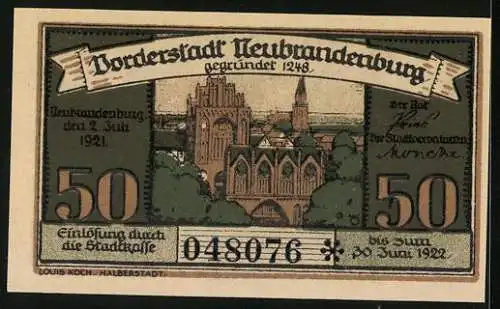 Notgeld Neubrandenburg 1921, 50 Pfennig, Ortspartie, Wappen