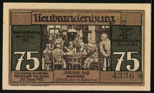 Notgeld Neubrandenburg 1921, 75 Pfennig, Schmied mit seinem Lehrling, Fritz Reuter im Gasthaus Ratskeller
