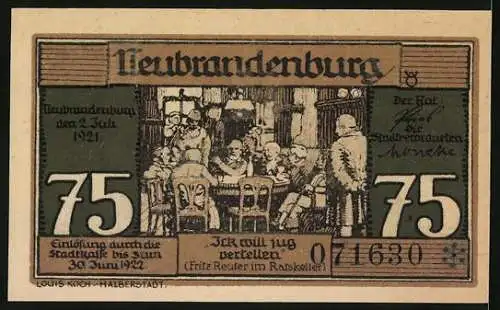 Notgeld Neubrandenburg 1921, 75 Pfennig, Redner auf der Kanzel, Fritz Reuter im Gasthaus Ratskeller