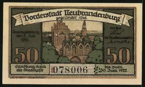 Notgeld Neubrandenburg 1921, 50 Pfennig, Ortspartie, Wappen