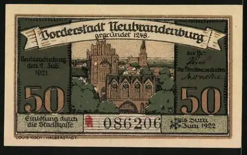 Notgeld Neubrandenburg 1921, 50 Pfennig, Tor und Wappen