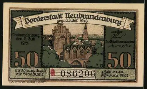 Notgeld Neubrandenburg 1921, 50 Pfennig, Rathaus und Wappen