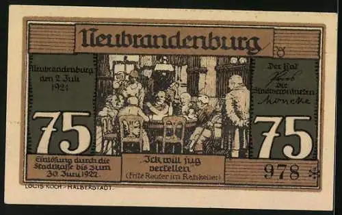 Notgeld Neubrandenburg 1921, 75 Pfennig, Schmied mit seinem Lehrling, Fritz Reuter im Gasthaus Ratskeller