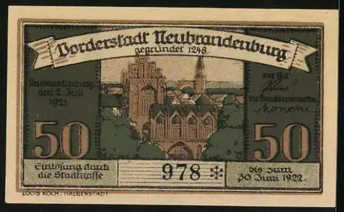 Notgeld Neubrandenburg 1921, 50 Pfennig, Strassenpartie mit Fachwerkhaus, Wappen