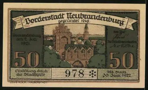 Notgeld Neubrandenburg 1921, 50 Pfennig, Rathaus und Wappen