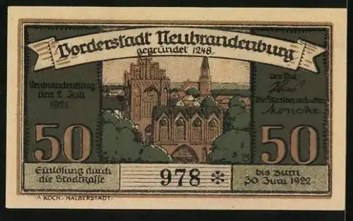 Notgeld Neubrandenburg 1921, 50 Pfennig, Tor und Wappen