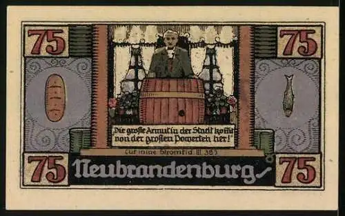 Notgeld Neubrandenburg 1921, 75 Pfennig, Redner auf der Kanzel, Fritz Reuter im Gasthaus Ratskeller