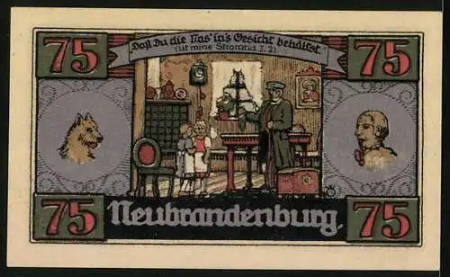 Notgeld Neubrandenburg 1921, 75 Pfennig, Vater mit seinen Kindern zu Hause, Fritz Reuter im Gasthaus Ratskeller