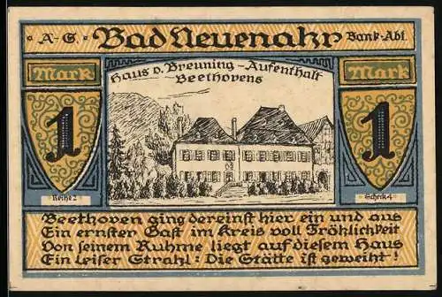 Notgeld Bad Neuenahr 1922, 1 Mark, Haus v. Breuning, Aufenthalt Beethovens