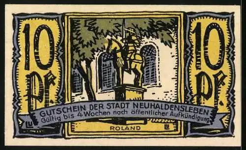 Notgeld Neuhaldensleben, 10 Pfennig, Pulverturm, Roland