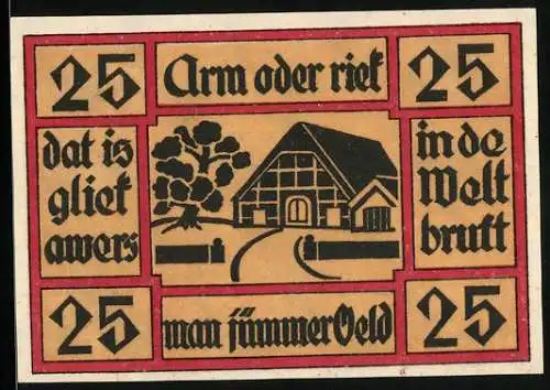 Notgeld Neuhaus a. Oste 1921, 25 Pfennig, Fachwerkhaus und Baum, Wappen