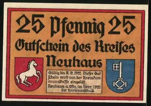 Notgeld Neuhaus a. Oste 1921, 25 Pfennig, Fachwerkhaus und Baum, Wappen