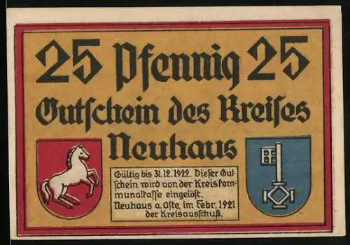 Notgeld Neuhaus a. Oste 1921, 25 Pfennig, Fachwerkhaus und Baum, Wappen