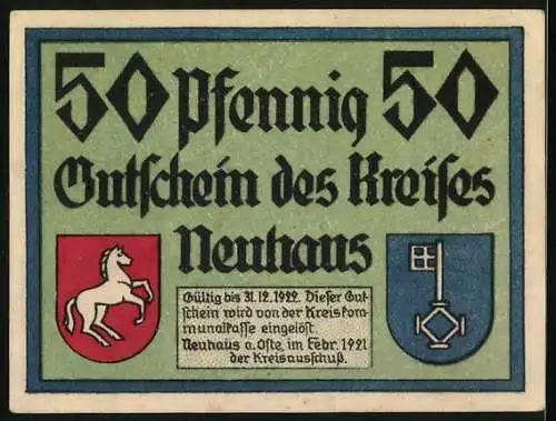 Notgeld Neuhaus a. Oste 1921, 50 Pfennig, Windmühle mit Bäumen