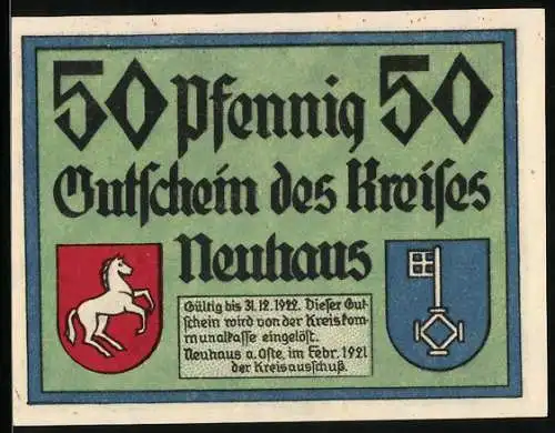 Notgeld Neuhaus a. Oste 1921, 50 Pfennig, Windmühle mit Bäumen