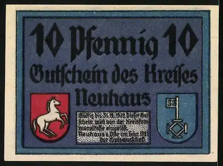 Notgeld Neuhaus a. Oste 1921, 10 Pfennig, Trägerin mit Eimern, Wappen