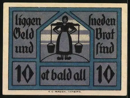 Notgeld Neuhaus a. Oste 1921, 10 Pfennig, Trägerin mit Eimern, Wappen