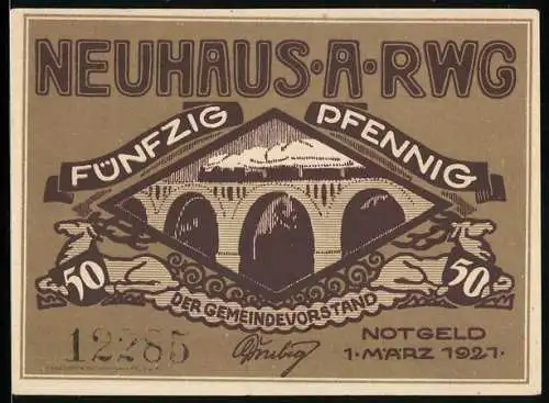 Notgeld Neuhaus a. Rwg. 1921, 50 Pfennig, Eisenbahnbrücke, Postkutsche