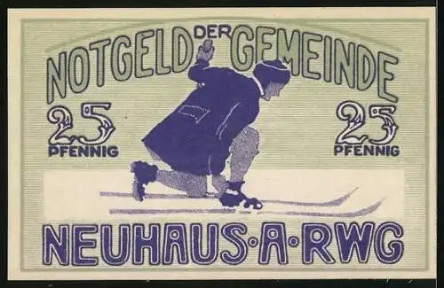 Notgeld Neuhaus a. Rwg. 1921, 25 Pfennig, Skifahrer, Haarnadel und Kamm