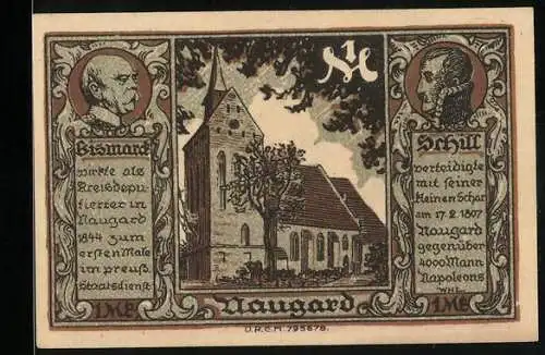 Notgeld Naugard in Pommern 1922, 1 Mark, Kirche, Bismarck, Schill