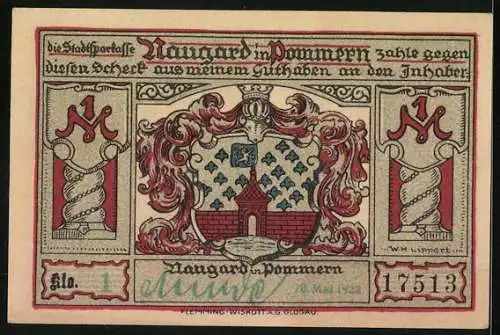 Notgeld Naugard in Pommern 1922, 1 Mark, Kirche, Bismarck, Schill