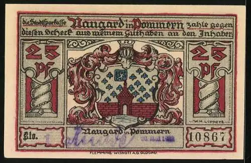 Notgeld Naugard in Pommern 1922, 25 Pfennig, Die Zunftpokale der Handwerker und Schützen, Bismarck, Schill