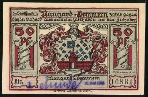 Notgeld Naugard in Pommern 1922, 50 Pfennig, Das alte Rathaus, Bismarck, Schill