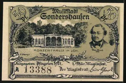 Notgeld Sondershausen 1921, 50 Pfennig, 1. Thür. Musikfest, Die Konzerthalle im Loh, Max Bruch